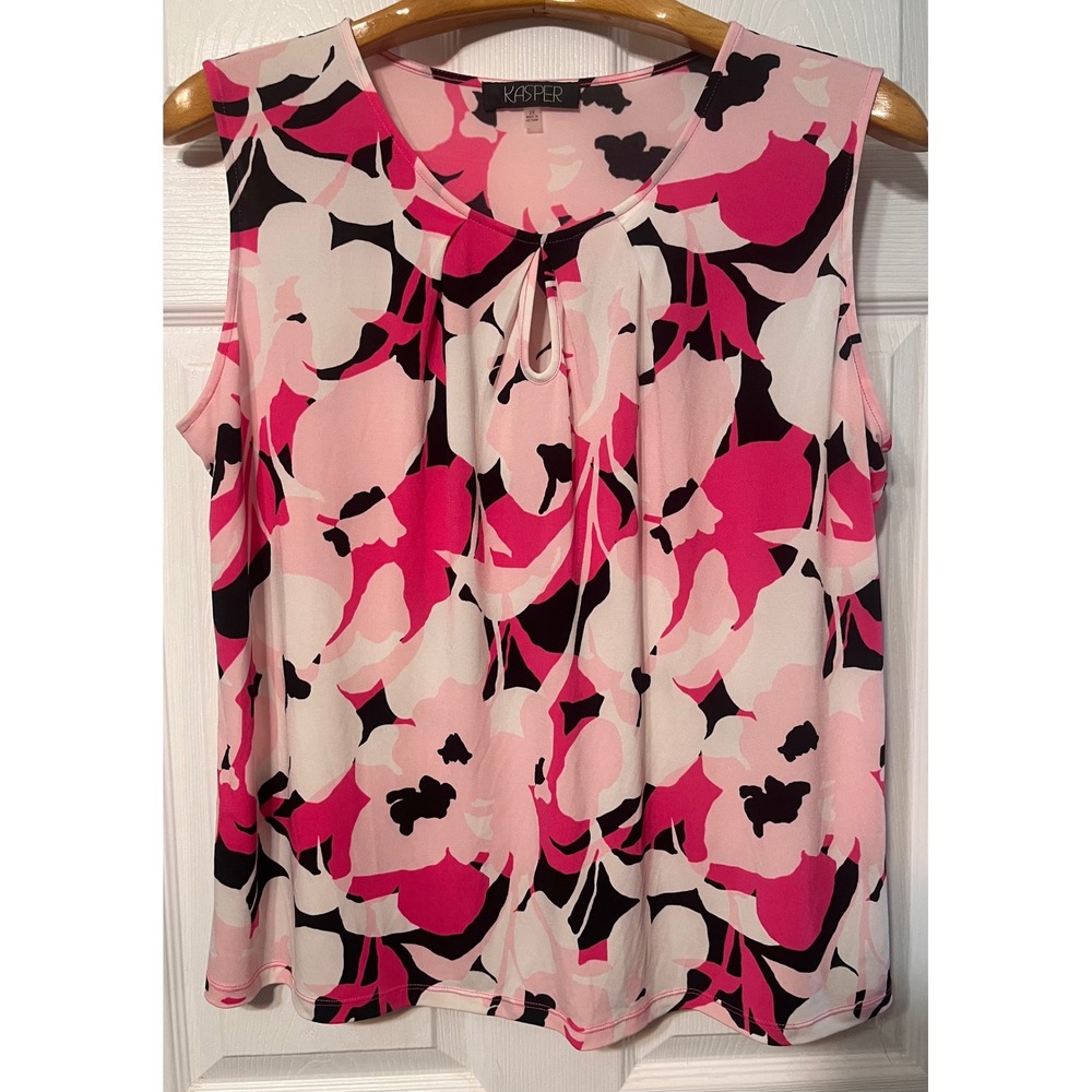 Kasper Womens 2X Pink Black Floral Keyhole Sleeveless Blouse Pleated Knit Top